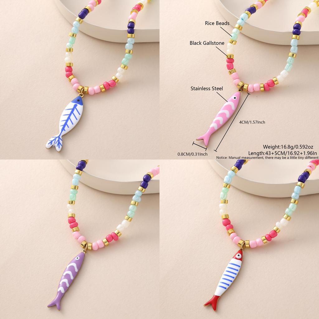 Collana con Ciondolo Pesce Bohemien con Perline Colorate e Catena in Acciaio Inossidabile per Donne e Uomini
