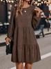 Retro Corduroy Long-Sleeve Round Neck Dress – Autumn Edition