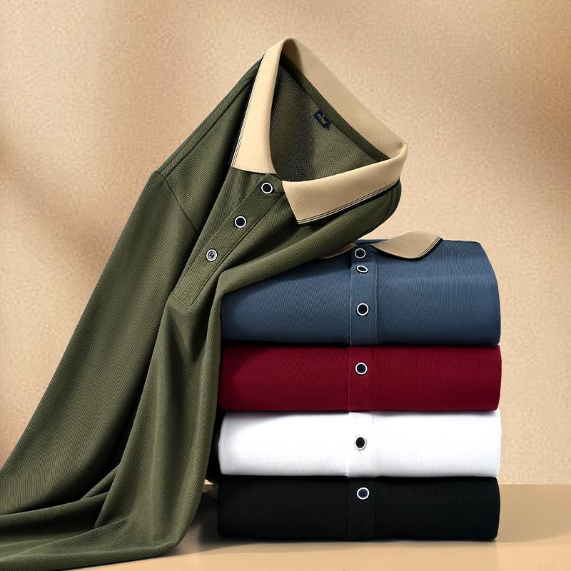 Original Quality Men'S Polo Shirt Summer Solid Color Simple Long Sleeve Fashion Contrast Lapel T-Shirt Business Casual Menswear