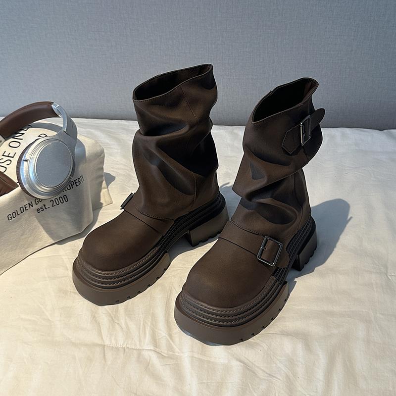

Винтажные женские мотоциклетные ботинки на толстой подошве, модные с ремешком и пряжкой, осенне-зимние женские слипоны до середины икры 35 коричневый
