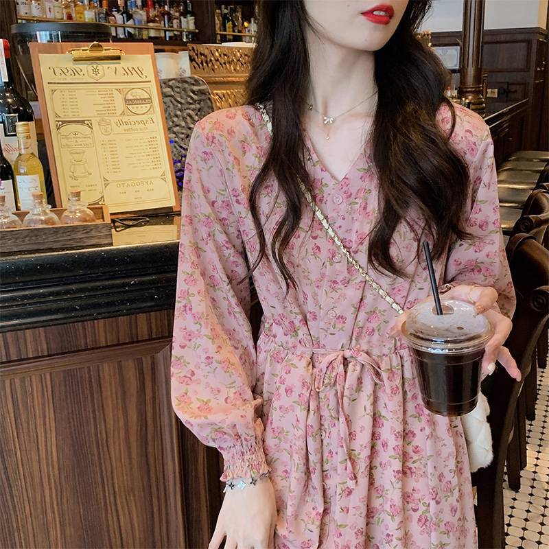 

Новая весенняя одежда темперамент приморский отпуск талия длинное платье розовое цветочное платье с длинными рукавами дети S розовый