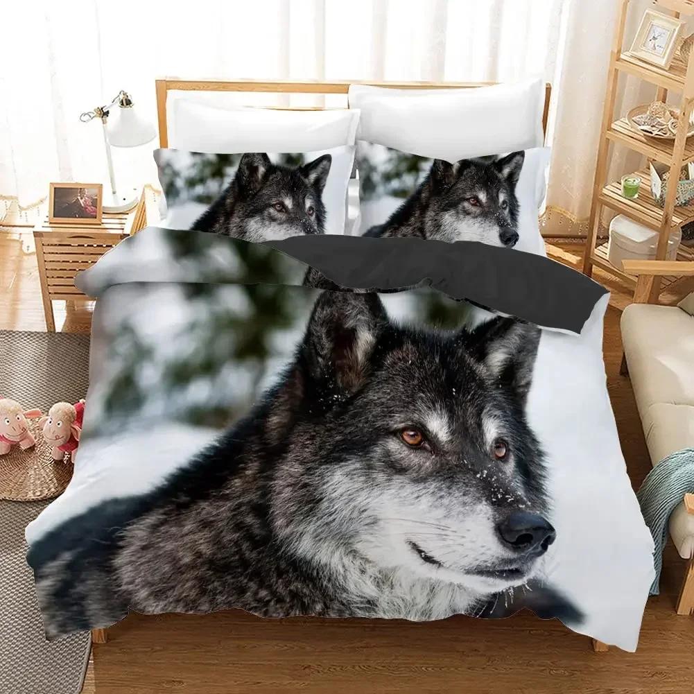 3D-gedruckter Wolf Wildes Schnee-Tier Bequemer Bettdeckenbezug Steppdecke Kissenbezug Bettwäscheset Kinderzimmerdekoration Heimtextil