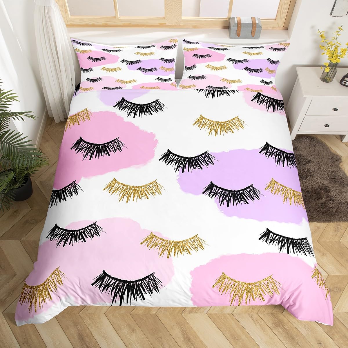

Eyelash Soft Duvet Cover Quen Golden Girl Lashes Beding Set Gorgeous Prines Style Warm Comforter Cover for Women Young Girls Esthetician Gift 100*200cm Single