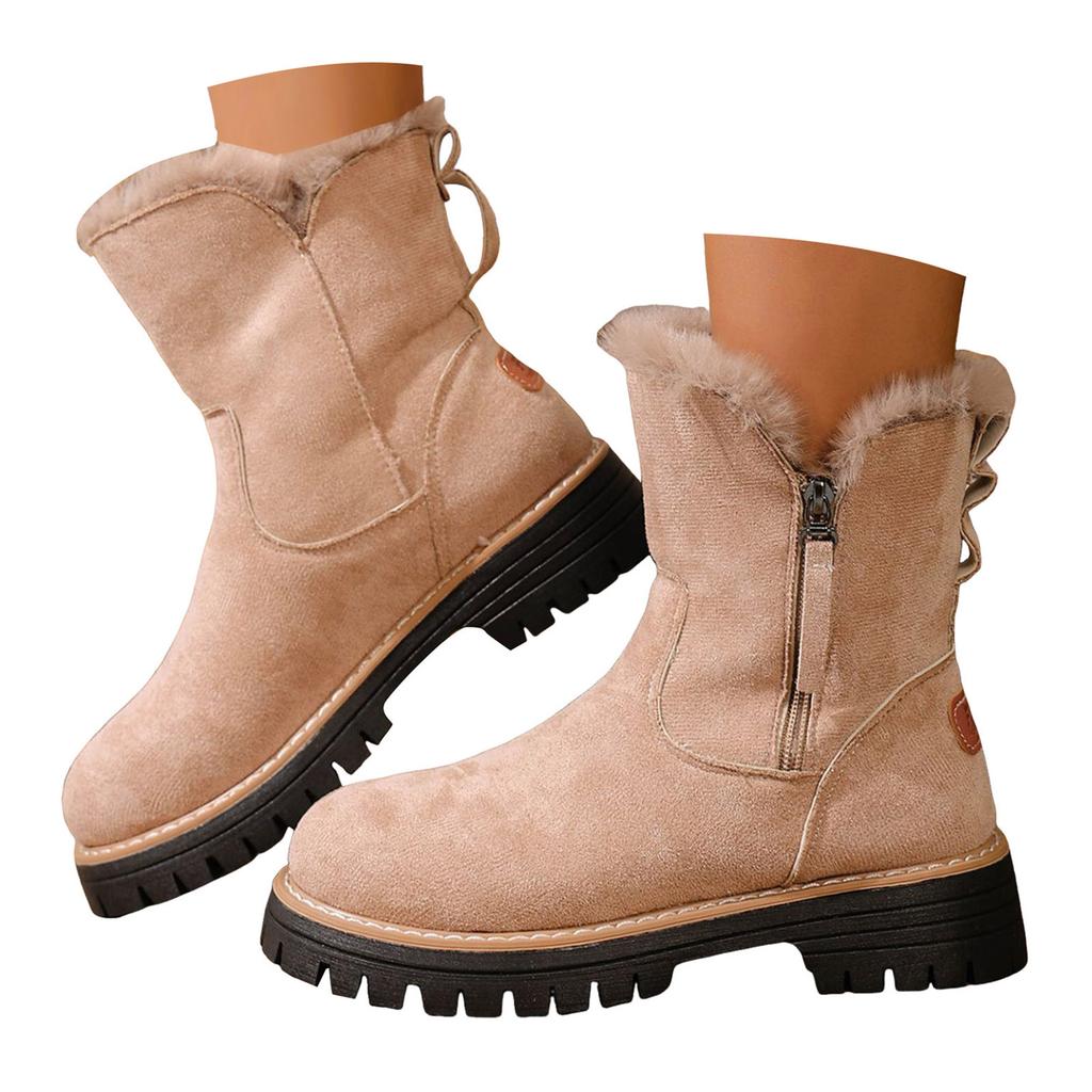 Women's Retro Simple Fleece Lined Warm Platform Suede Cotton Mid Calf Boots With Side Zipper Wide Calf Boots for Women Knee High