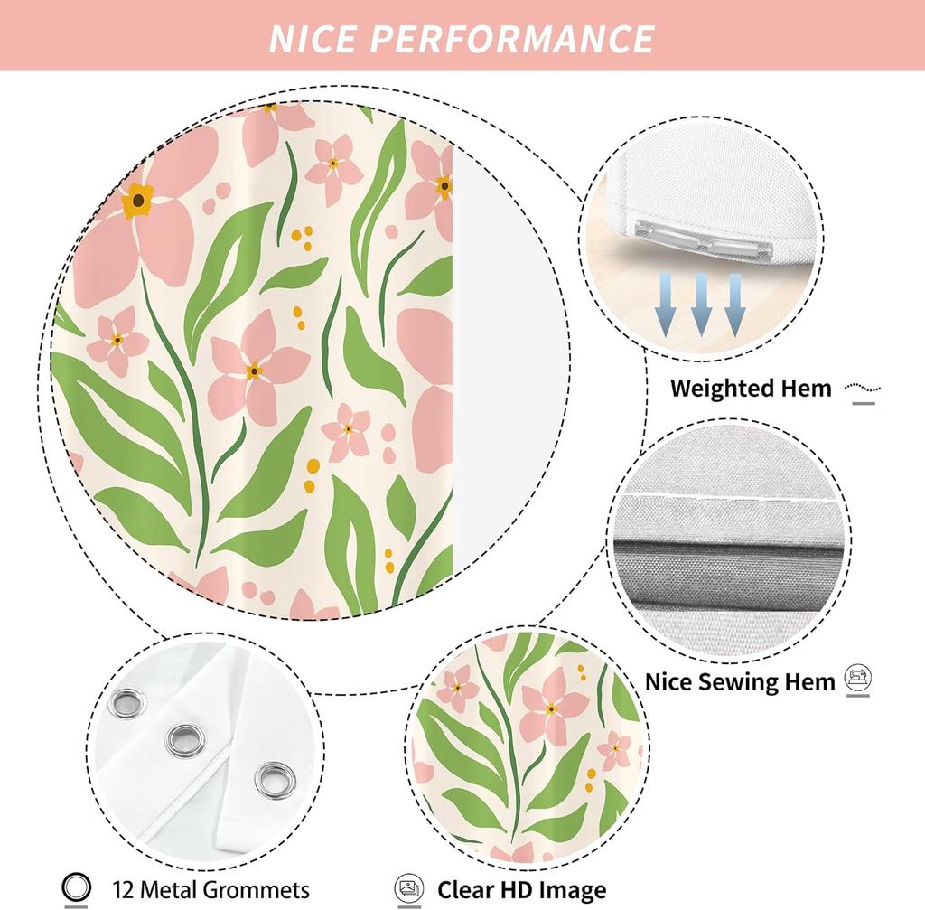 Pink Floral Shower Curtain Pastel Flowers Green Leaves Spring Design Boho Bathroom Decor Nature Inspired Bath Linen