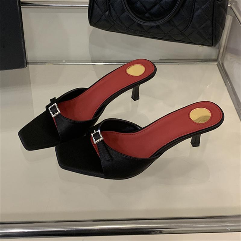 

Aneikeh Summer Fashion Thin Low Heels Women Slipper Square Toe Rhinestone Buckle Decorative Ladies Sandals Party Dress Shoes 40