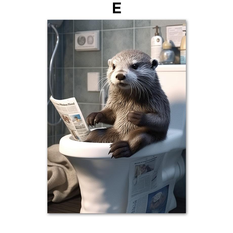 Funny Bathroom Humor Wall Decor Lion Leopard Tiger Sitting On The Toilet Reading A Newspaper Poster Art Print Canvas Painting