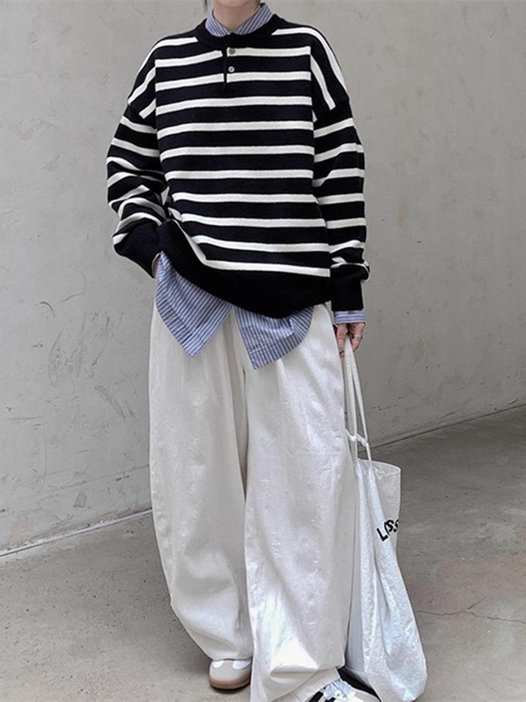 Women's Neutral Striped Sweater - Loose Fit, Warm Autumn/Winter Style