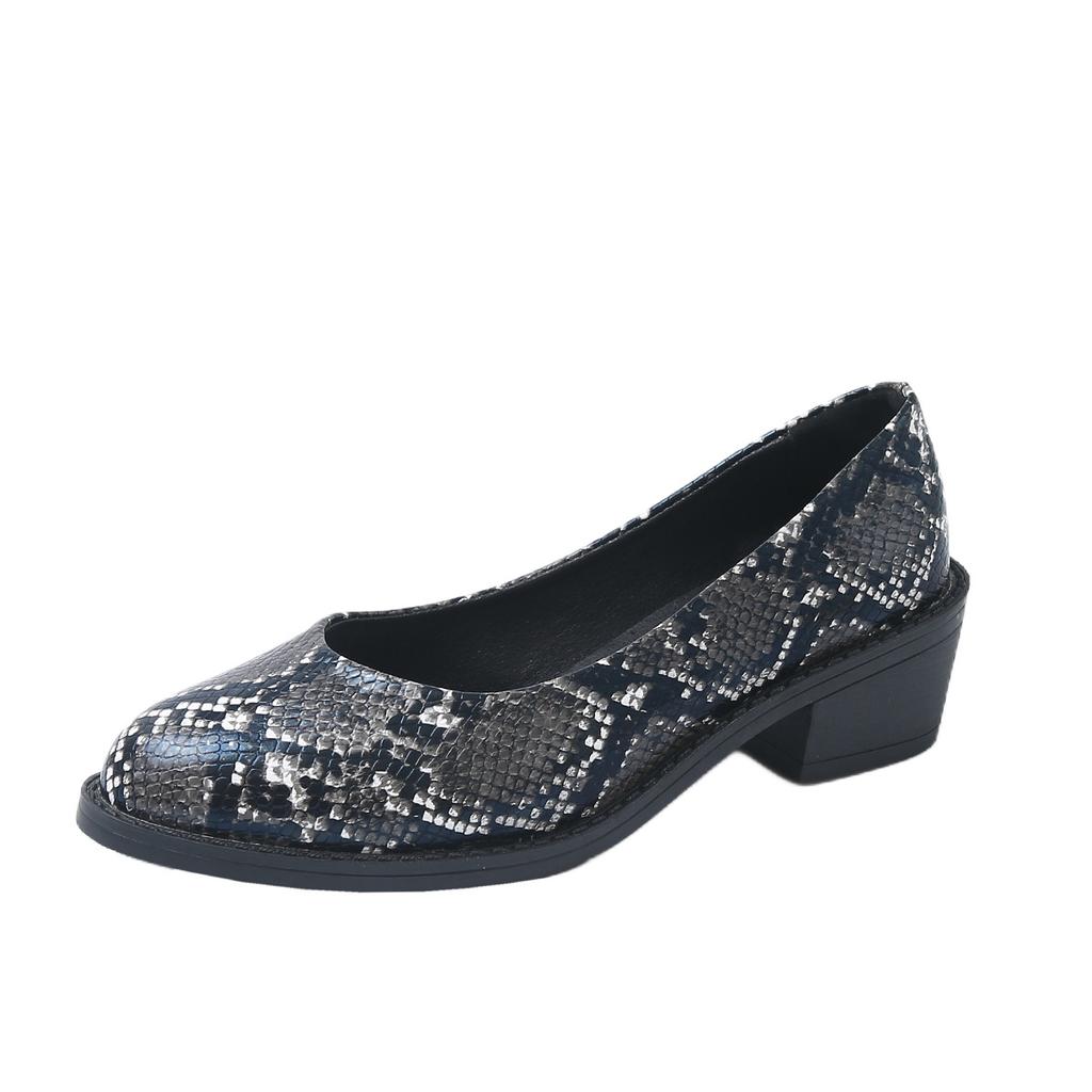 Scarpe singole da donna con tacco medio e punta tonda per il commercio estero, nuove per la primavera 2025, con stampa a serpente, scollatura leggera, taglie grandi