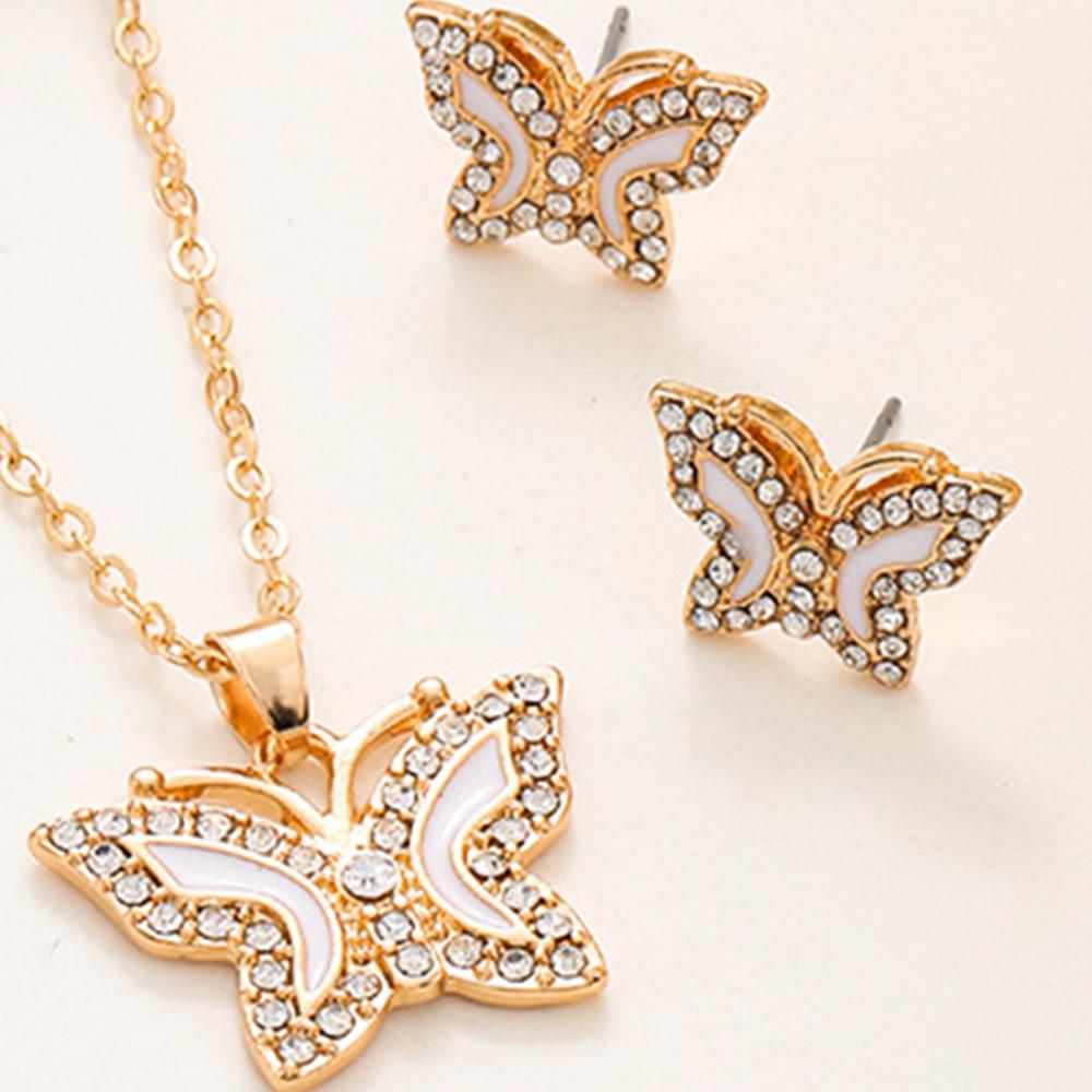 4-piece Set Of Women Fashionable And Simple Diamond Inlaid Butterfly Necklace Ring And Earring Set Highend And Versatile Zircon