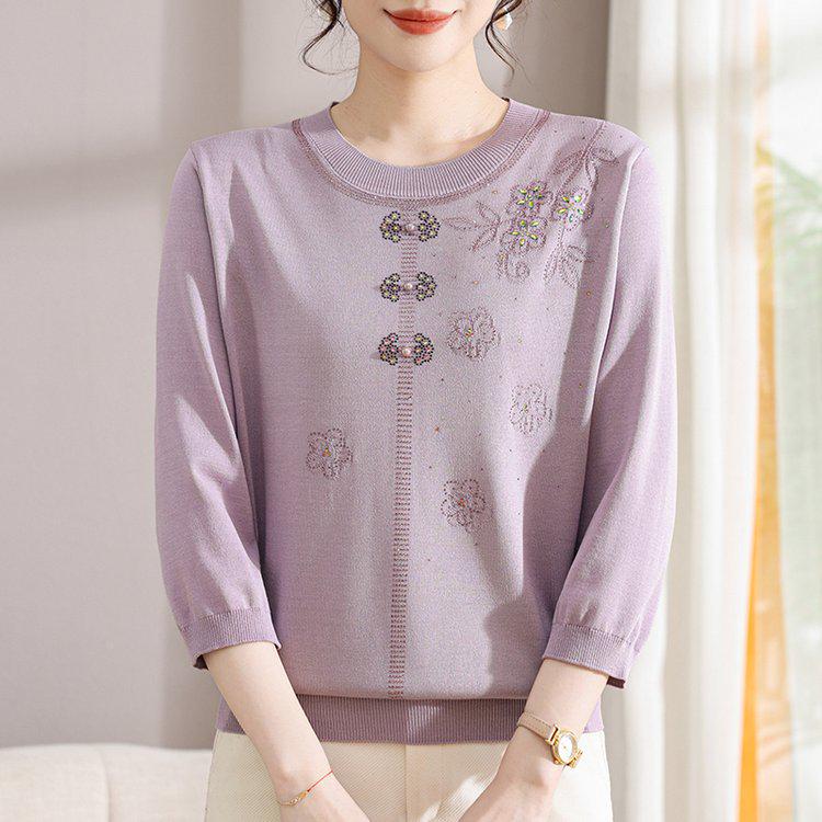 Chic Plus Size Round Neck Sweater for Middle-Aged Women - Comfortable 3/4 Sleeve Knitwear