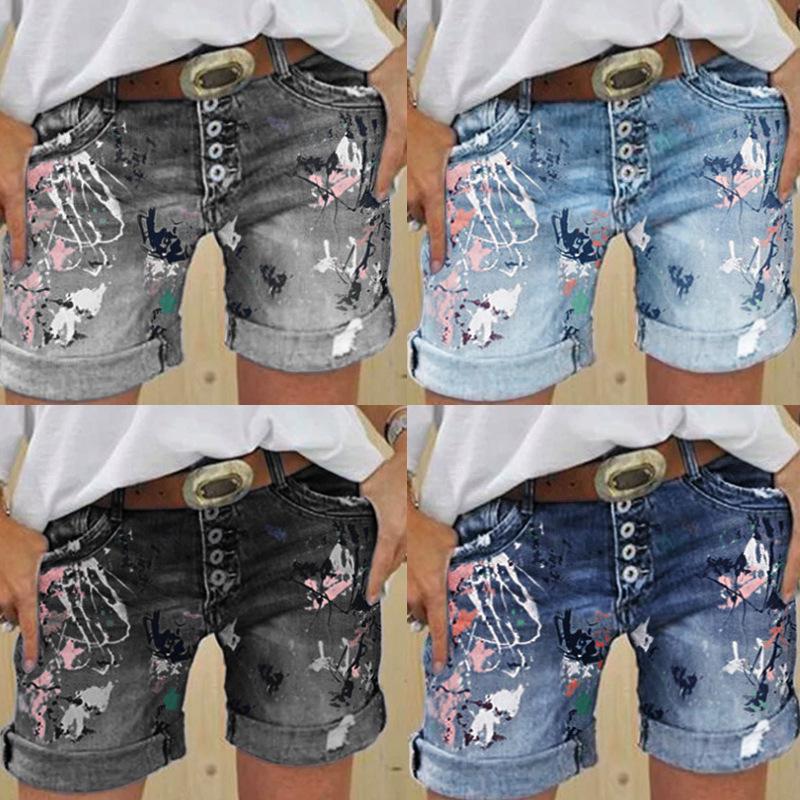 Cross-Border Women's Denim Shorts: Buttoned, Slim Fit, Half-Body Print, Casual, Elastic, Versatile Hot Pants