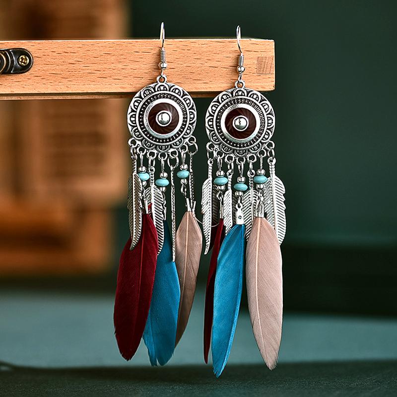 

Antique Silver Color Round Drop Oil Feather Earrings for Women Ethnic Long Metal Leaf Beach Style Boho Earrings Party Jewelry