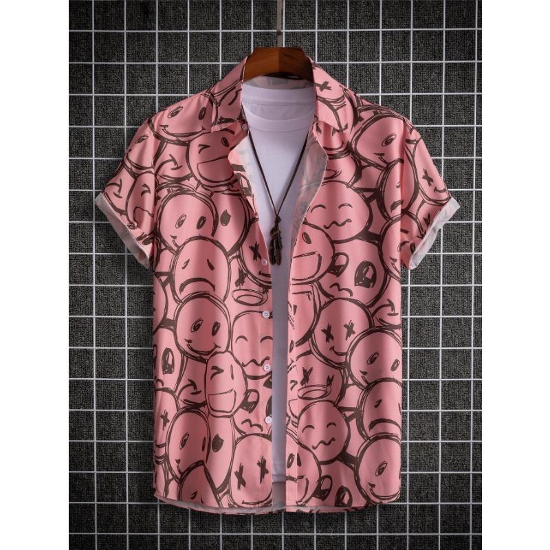 Hawaiian Shirt Men Fashion Flower Geometric Printed Blouse Single-breasted Beach Short SleeveTops Men's Holiday Clothing