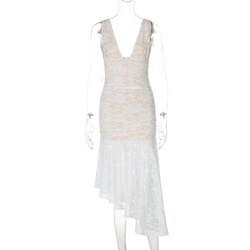 

Elsa European and American Women clothes Summer Ins New Sexy Deep V Backless Slim fit Lace Dress Temperament Royal Sister Style Dress White S