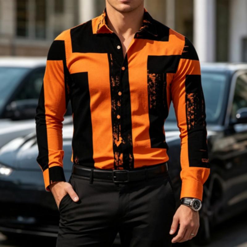Men's Shirt Color Block Lapel Long Sleeved Shirt Abstract Geometric Print Slim Fit Shirt Light Business Daily Casual