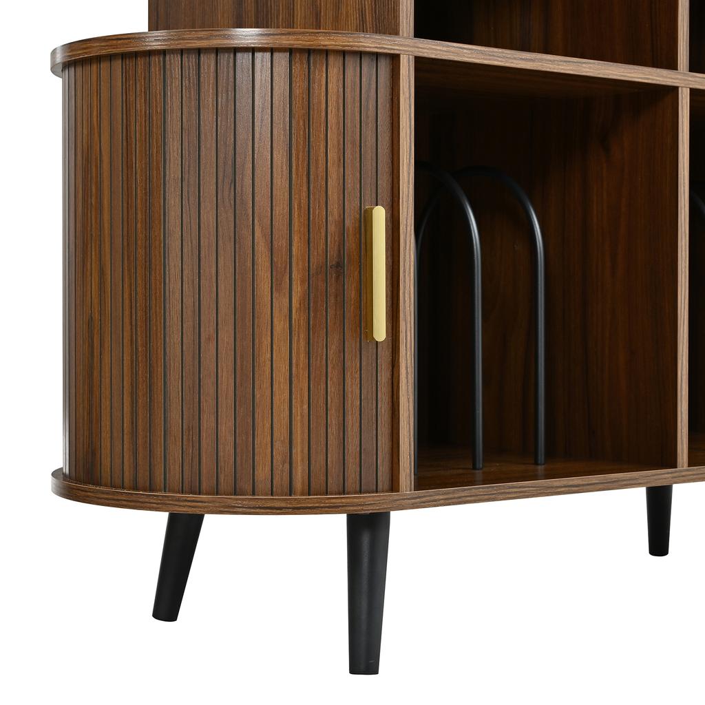 Record Cabinet HiFi Cabinet Sideboard MDF Oval Iron Feet Aluminum Handle Charging Station Cable Passage Sliding Door