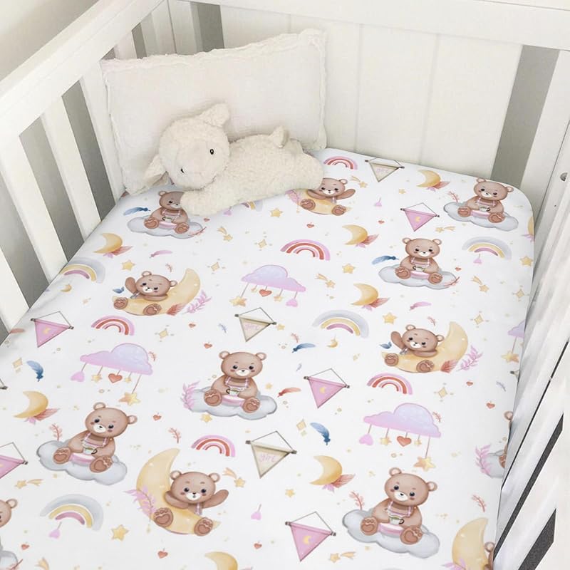 Cute Woodland Animals Leaves Baby Crib Sheet 52''x28'' Bear Raccoon Squirrel Deer Rabbit Hedgehog Owl Fitted Crib Cover for Boy Girl Nursery Crib