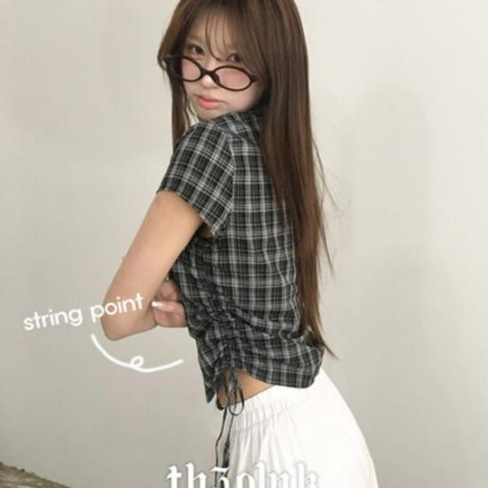 The Pink Side Shirring Ribbon Check Short Sleeve Shirt