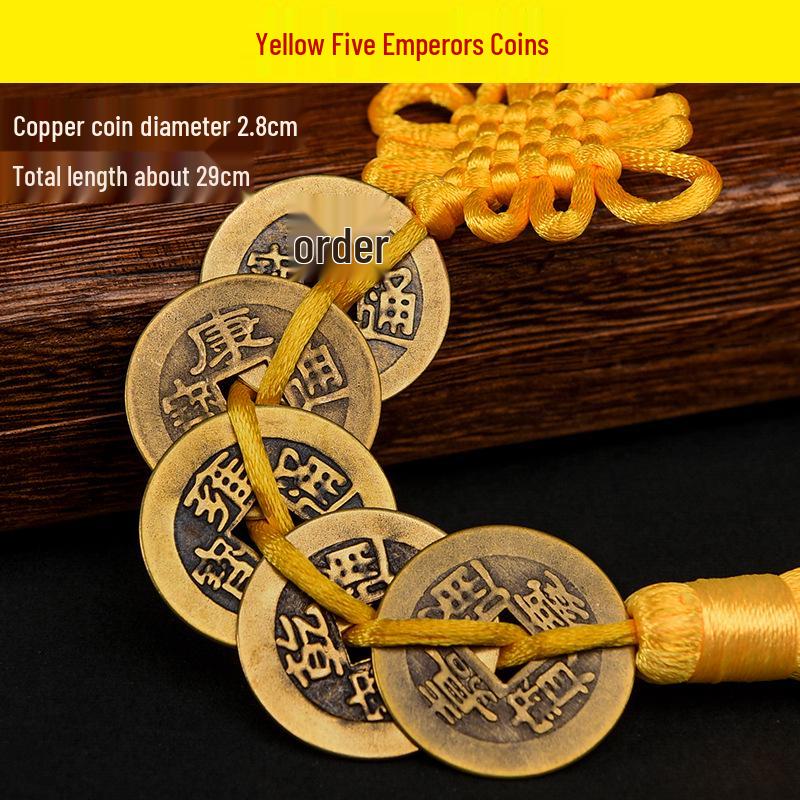 Pure Copper Chinese Lucky Knot Pendant with Five, Six, and Ten Emperor Coins - Door or Threshold Decoration.