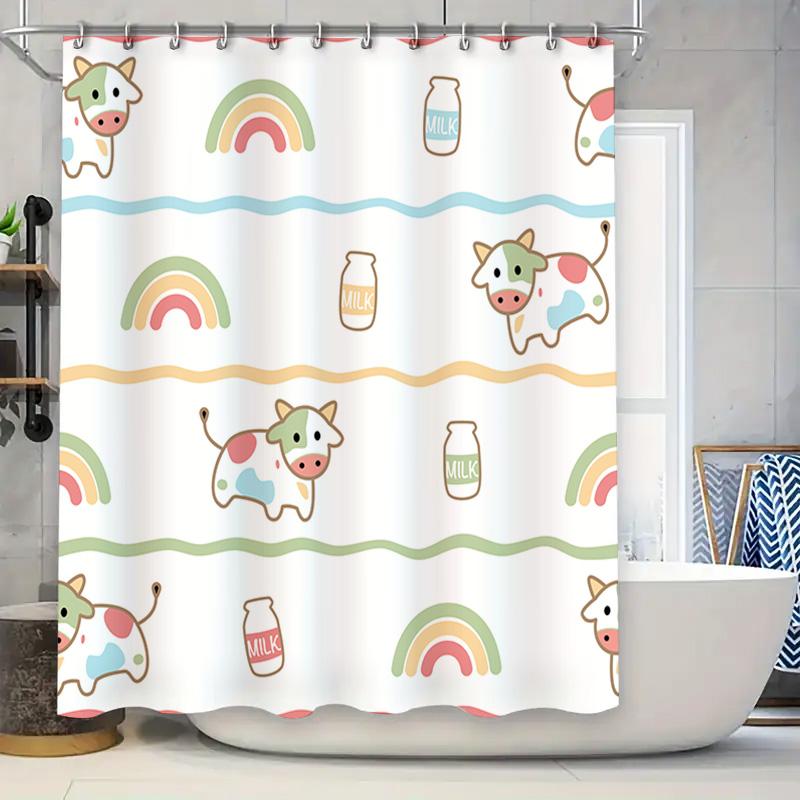 

Cute Cow Milk Bottle Rainbow Bathroom Shower Curtain For Kids Room Decor Waterproof Liner Green White Cream (Size: 72X84) W60H190(CM)-1 Pcs