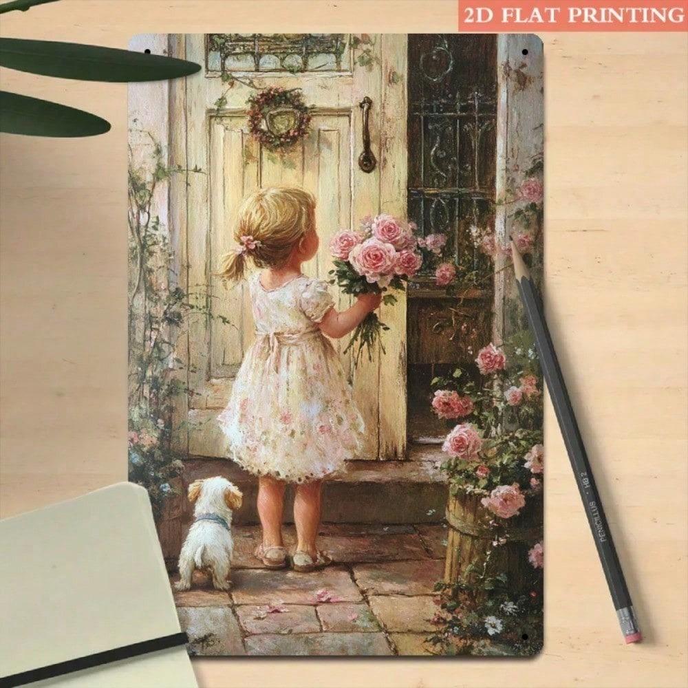 1pc Vintage 2D Iron Metal Wall Art Girl With Flowers 8x12 Inch Decorative Sign for Bedroom Garden