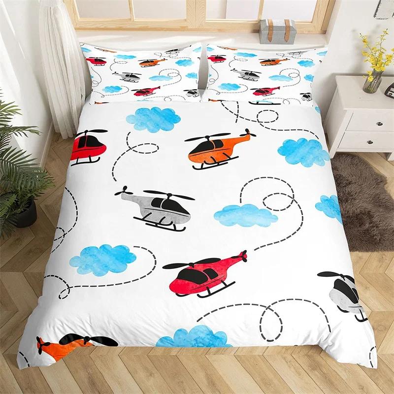 Aircraft Queen Duvet Cover Set Cartoon Airplane Bedding Set Polyester Clouds Stars Moon Print Comforter Cover For Kids Boys Room