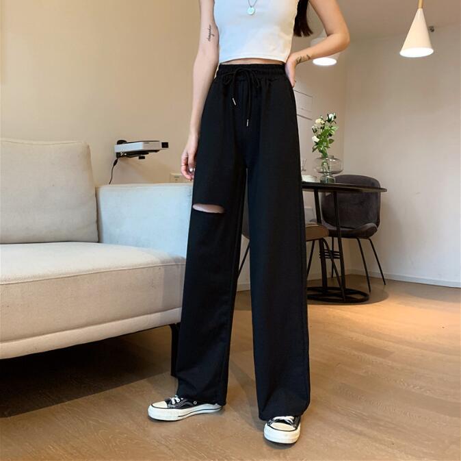 New Summer Loose Drawstring Ripped Wide-leg Trousers Solid Color Pants Loose Casual Trousers