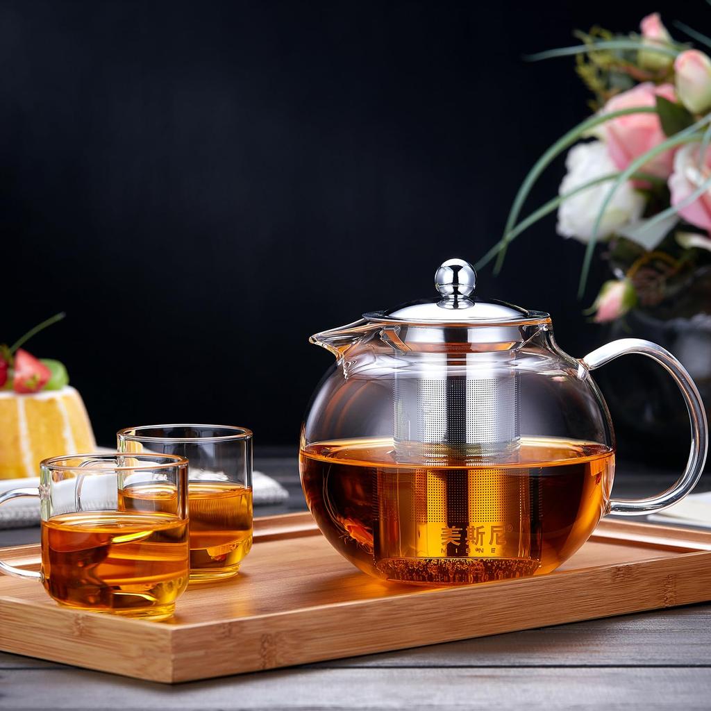 Pokaro Tea Teapot, Heat-Resistant Glass, Perfectly Round, 650ml, with Stainless Steel Strainer, Suitable for Fine-Leaf Tea, Shatter-Resistant,