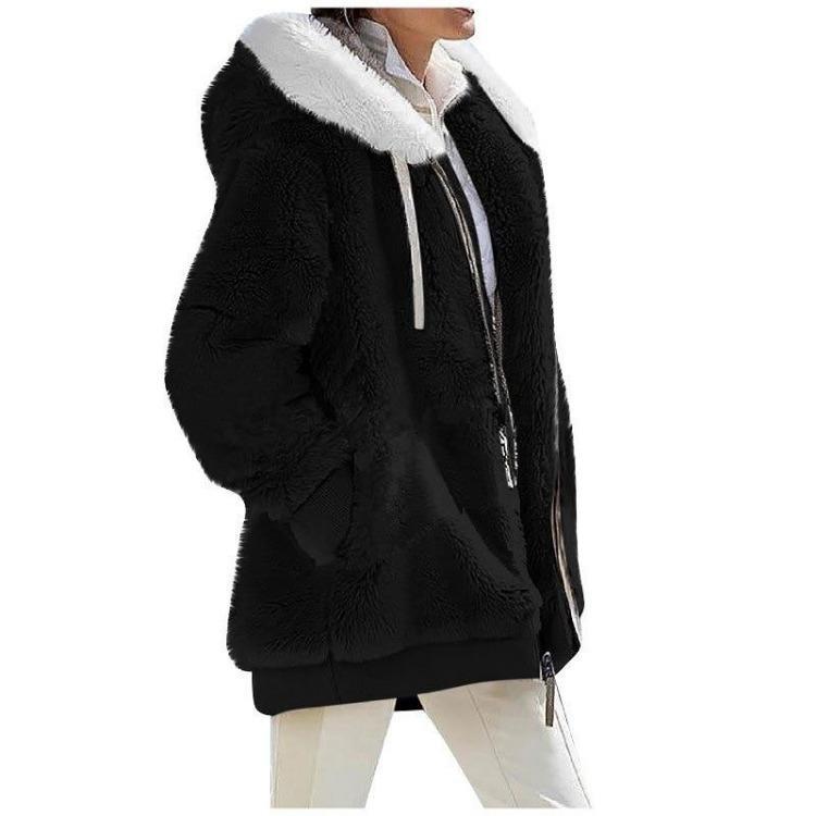 Giacca Casual da Donna in Pile con Cappuccio Cappotto Monocolore Caldo Cappotti in Cashmere Giacca con Zip Moda Abbigliamento Donna Autunno Inverno