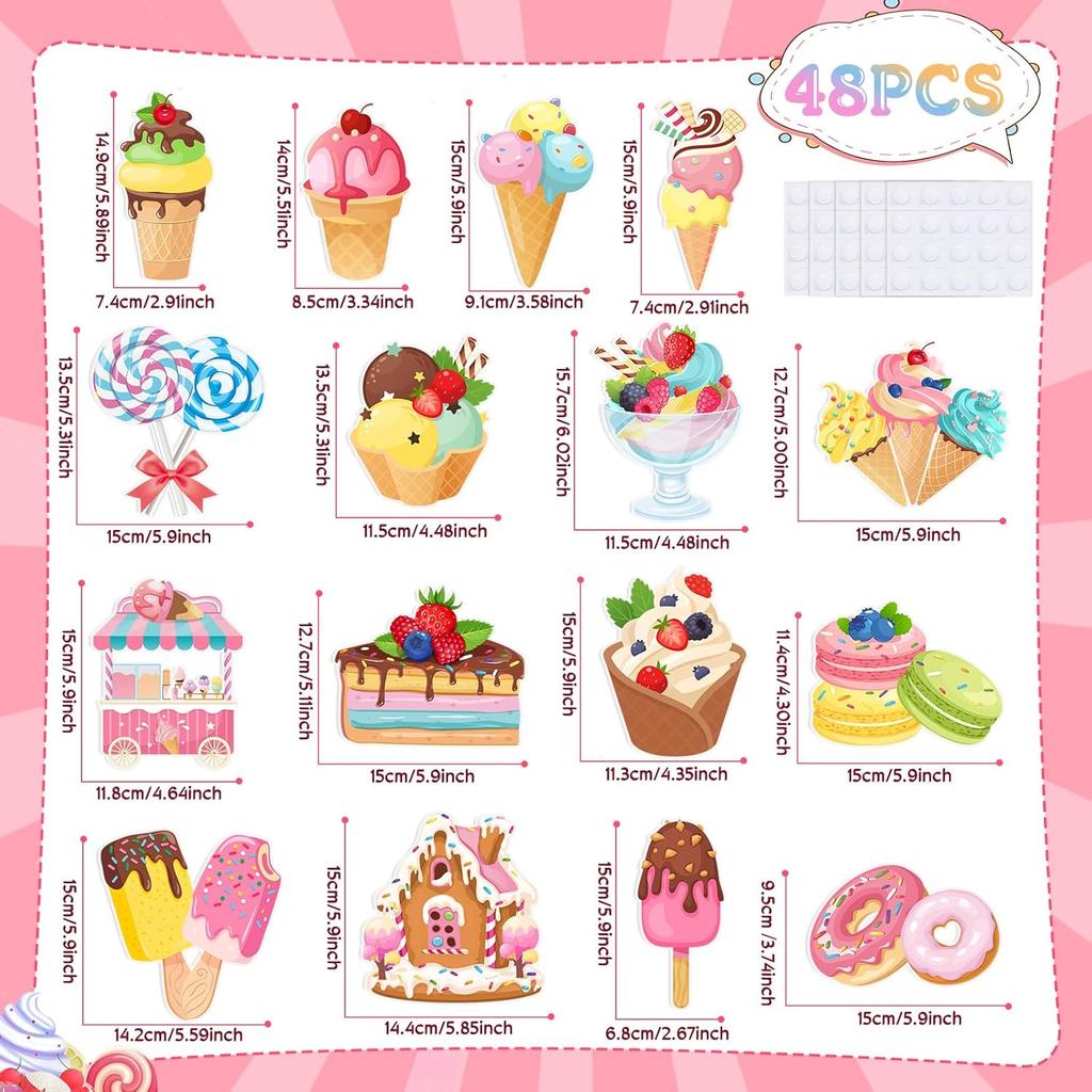 Faccito 48 Pcs Candy Cutouts Ice Cream Party Decorations Birthday Large Candy Cutouts for Classroom Bulletin Board Set Ice Cream Classroom