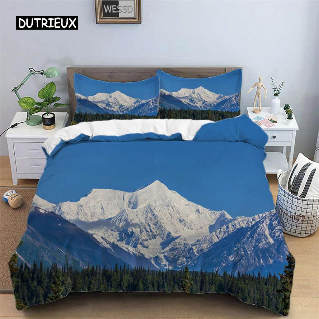 Snow Mountain Duvet Cover Set Polyester 3D Landscape Bedding Set for Teens Adults Ski Slope Winter Theme Queen Comforter Cover