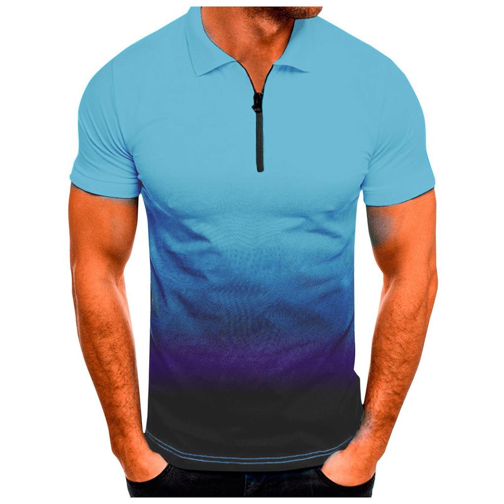 Men's Summer Gradient Color Lapel Shirts Men's Casual Fashion Zipper Shirts