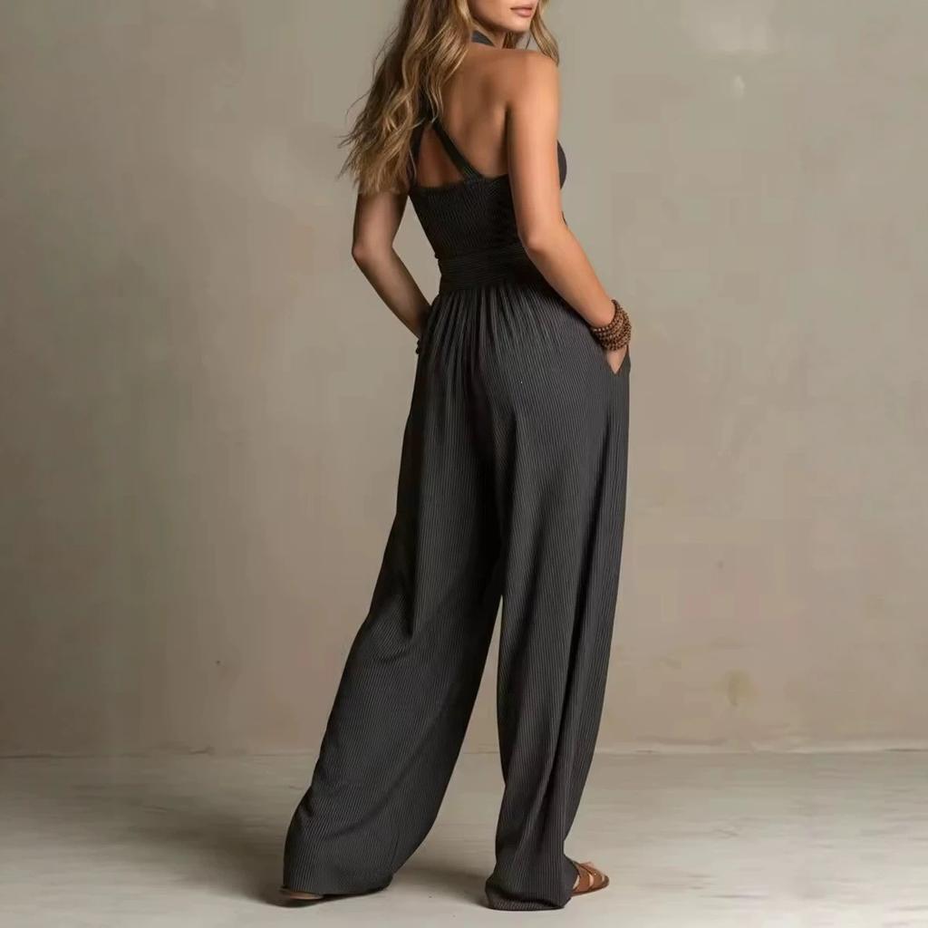 Women's Halter Sleeveless High Waist Loose Wide Leg Jumpsuit Solid Striped Casual Long Pant Romper For Vacation Daily Wear