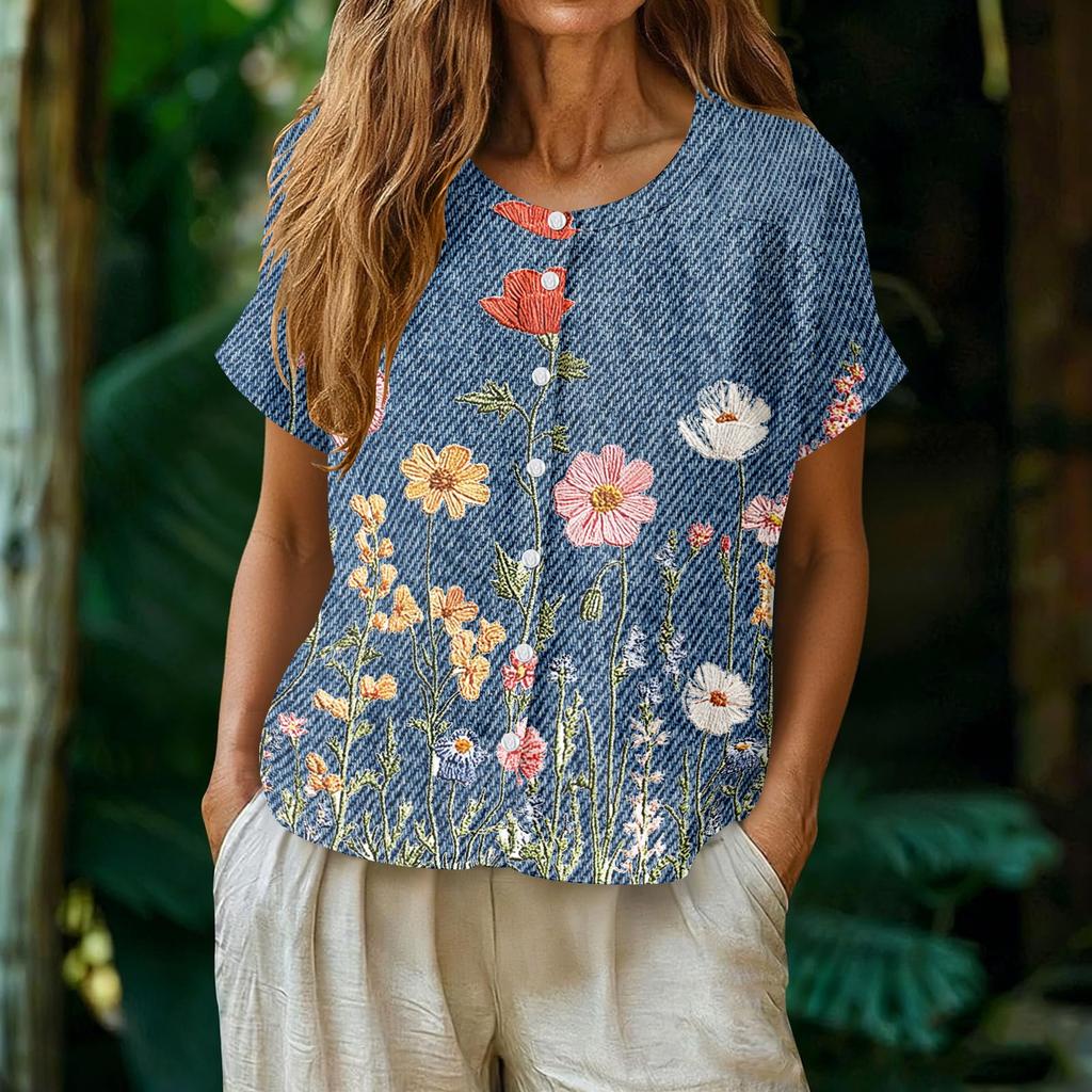 Women Casual Henley Neck Floral Print Button Front Short Sleeve Blouse Loose Fit Lightweight Top for Everyday Wear