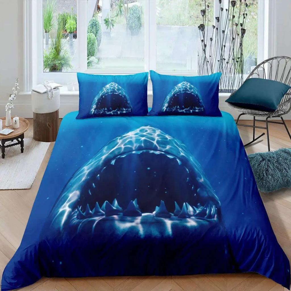 Shark Duvet Cover Ocean Watercolor Fish Quilt Cover Sea Animal Marineland Theme Decoration Bedding For Children Boys Girls Gifts