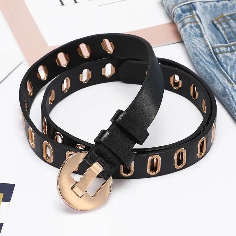 Fashionable Belts Gold Color Buckle Large Rivet Belt Hole Belt Trendy Jeans Belt Woman's Apparel Accessories