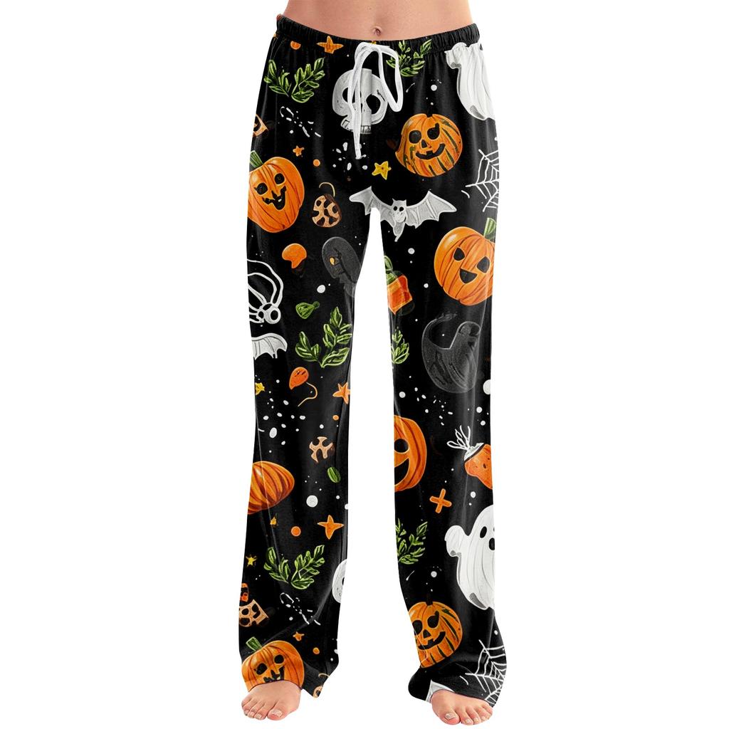 Damen Halloween Print Kordelzug Hose Lässige Lockere Passform Lounge Hose Weicher Leichter Stoff Volle Länge Pyjamahose für den Alltag
