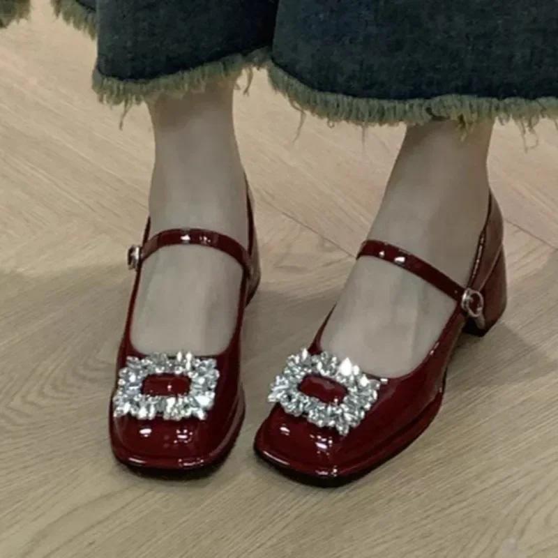 2024 Summer New Women's Mary Jane Shoes Fashion Square Head Luxury Rhinestone Square Buckle Design All-match Small Leather Shoes