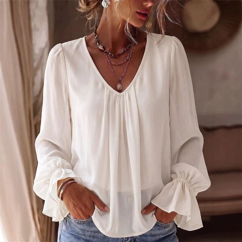 Women S V Neck Loose Fit Solid Color Long Sleeve Shirt