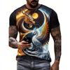 New Fashion Men's Crew Neck Short Sleeve T-Shirt with 3D Wolf and Dragon Print, Men's Casual Sports Streetwear Top