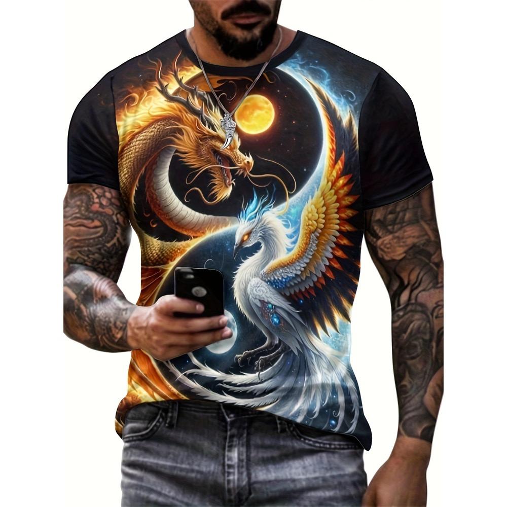 New Fashion Men's Crew Neck Short Sleeve T-Shirt with 3D Wolf and Dragon Print, Men's Casual Sports Streetwear Top