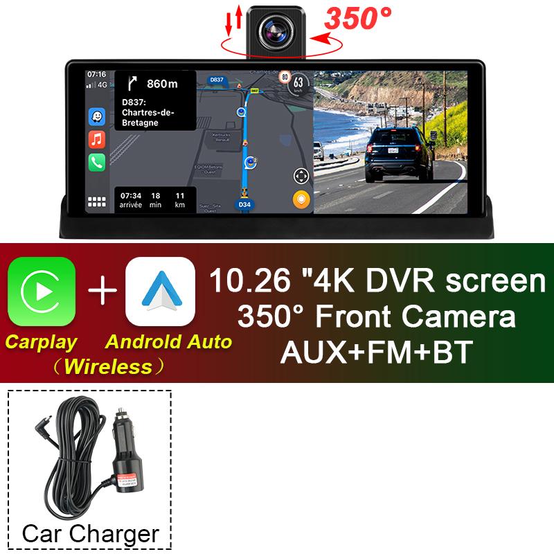 10.26"  Car DVR 4K Camera Wireless Carplay Android Auto Ai Screen Dashboard Dash Cam Dual Len GPS Navigation Video Recorder AUX