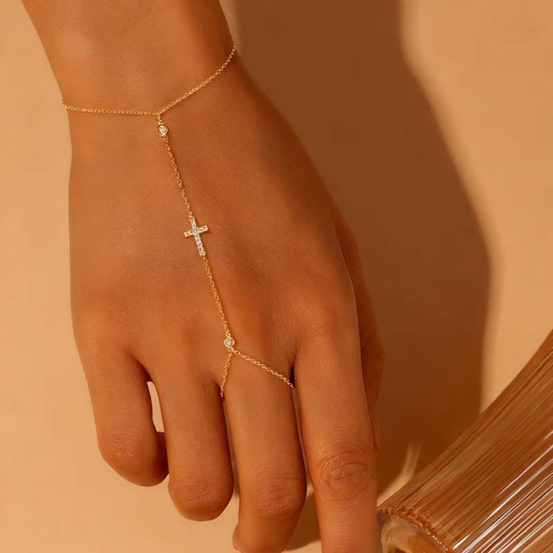 Fashion Metal Cross Finger Ring Bracelet for Women Exquisite Crystal Zircon Bead Link Chain Hand Bangles Wedding Jewelry Gift