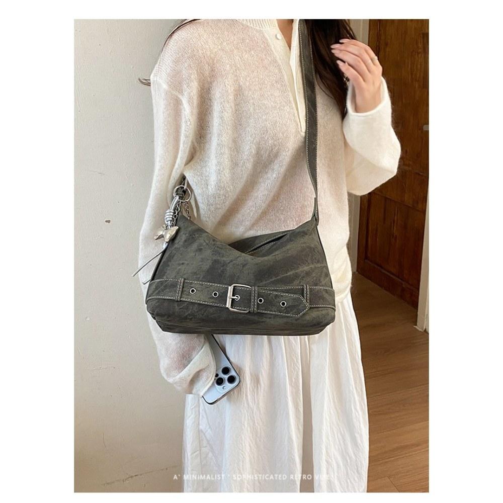 Women Vintage Large Capacity Soft PU Shoulder Bag with Belt Detail for Daily Commute