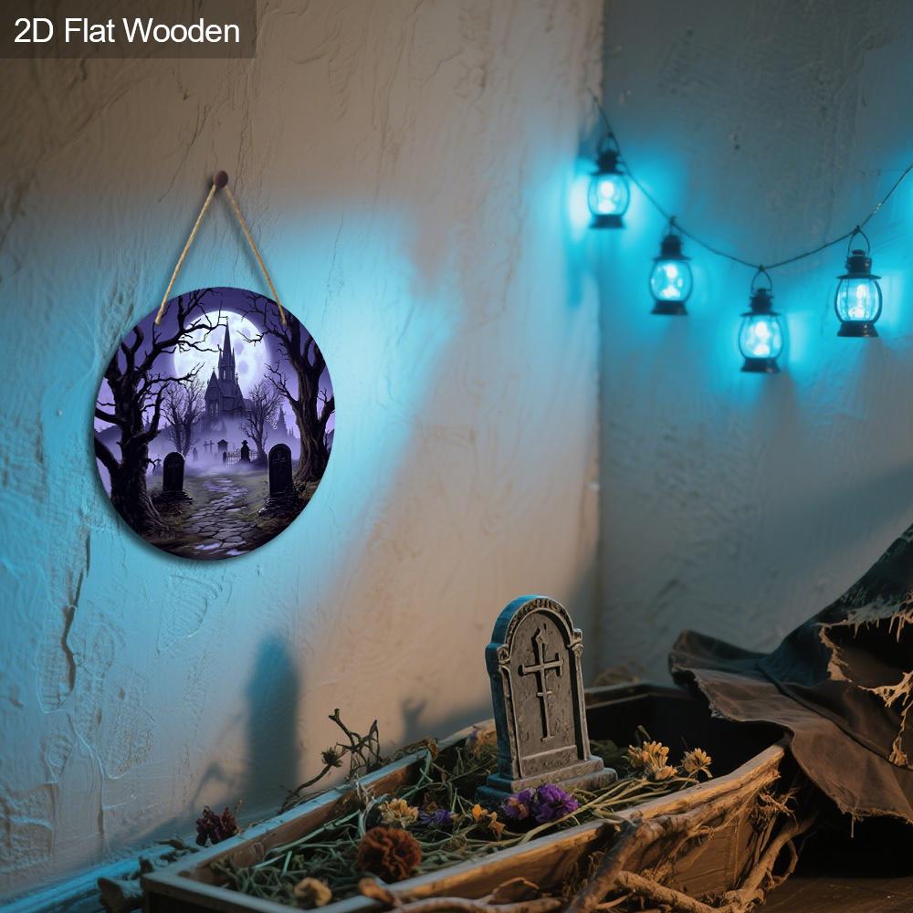 2D Flat 1pc Wooden Halloween Decorative Sign, 7.87x7.87 Inches Church Graveyard Moonlight Night Scene Halloween Decor, Yard Door Porch Window Wall