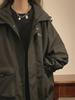 Women's Black Hooded Jacket - Spring & Autumn College Style, Loose Fit Retro Workwear.