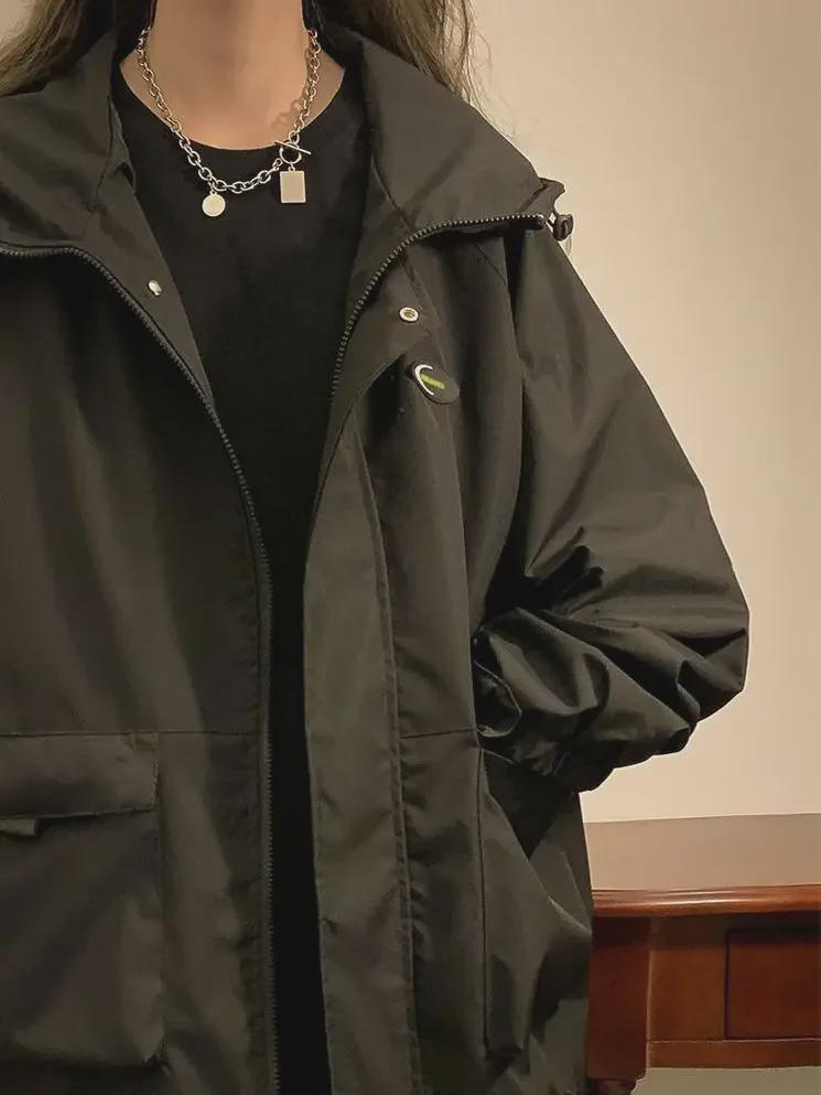Women's Black Hooded Jacket - Spring & Autumn College Style, Loose Fit Retro Workwear.
