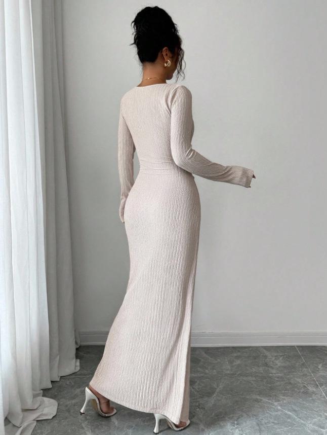 2026 Korean European Style Split Maxi Dress - Elegant Slim Fit Knit with Long Sleeves and Hip-Hugging Design