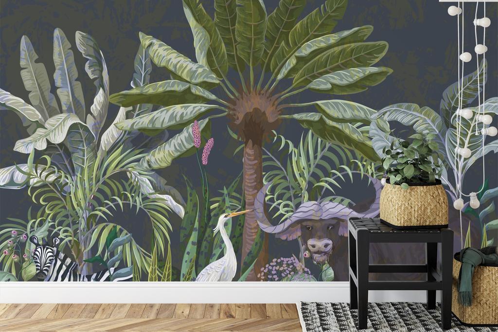 Photomural Animals Amidst Palm Trees And Plants Smooth Vinyl 368x280